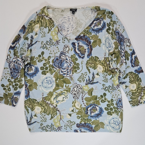 Talbots Silk Blend Blouse Womens XL Teal Blue Green Floral Boho 3/4 Sleeve - Picture 1 of 6